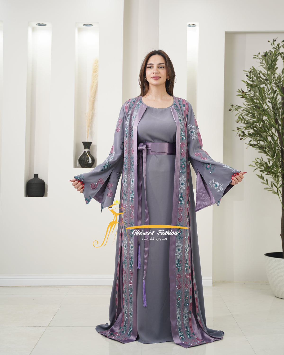 Luxury Gray Kaftan with Emerald Purple Embroidery - Style MO326 E