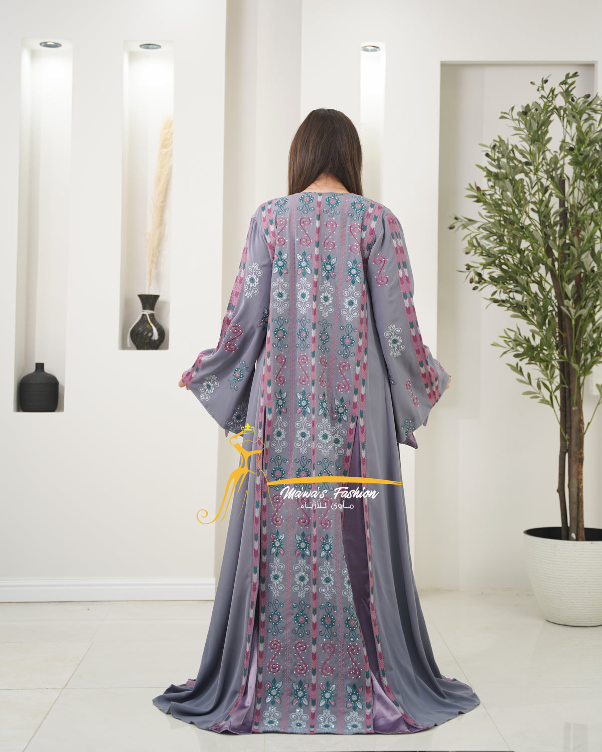 Luxury Gray Kaftan with Emerald Purple Embroidery - Style MO326 E